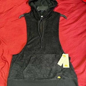 C&C California Terry Cloth Sleeveless Drawstring Hoodie CoverUp Vented BLACK
